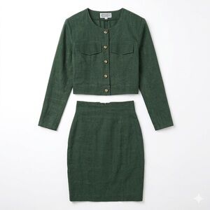 Vintage Hooch & Hoofer Linen Skirt Suit Set Olive Green Cropped Blazer Sz 38